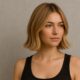 "Modella in studio con capelli biondo beige sabbia, acconciatura elegante e naturale, scatto professionale per articolo sul trend colore capelli."