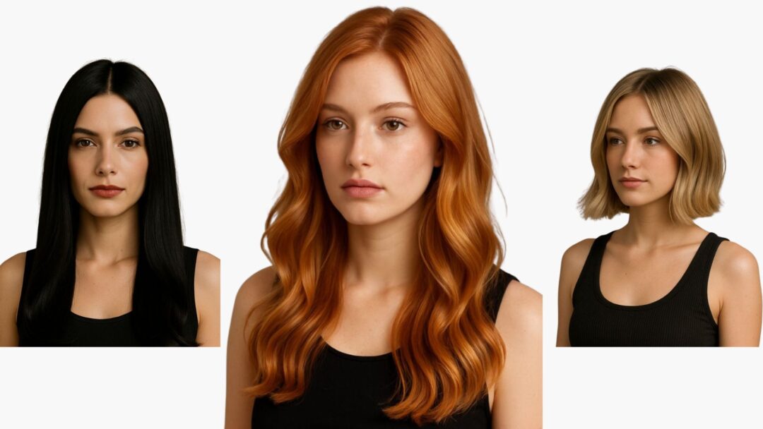 “Collage di tre modelle con capelli nero vinile lisci, rame speziato ondulato e biondo sabbia corto, tendenze colore capelli autunno 2025.”