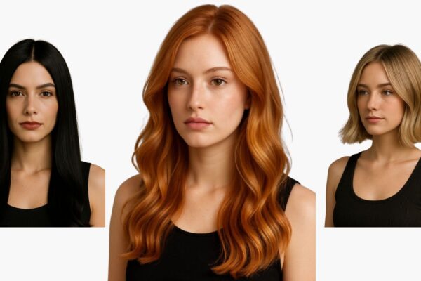 “Collage di tre modelle con capelli nero vinile lisci, rame speziato ondulato e biondo sabbia corto, tendenze colore capelli autunno 2025.”
