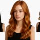 “Collage di tre modelle con capelli nero vinile lisci, rame speziato ondulato e biondo sabbia corto, tendenze colore capelli autunno 2025.”