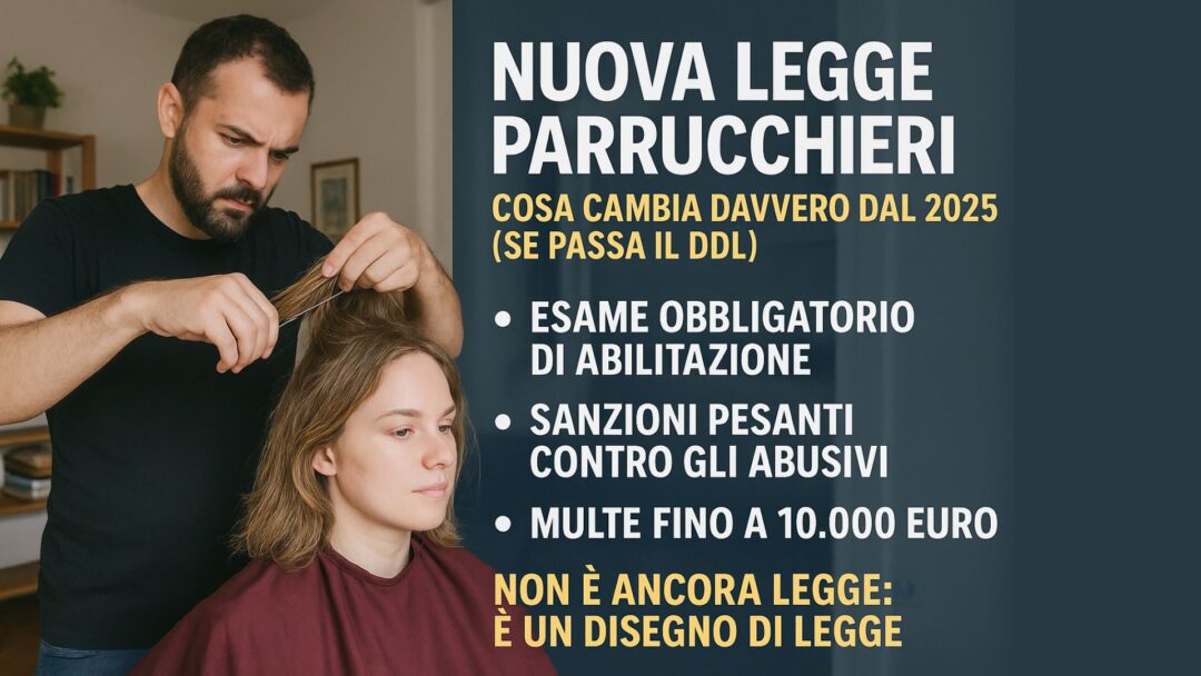 Parrucchiere abusivo che taglia i capelli a una cliente in casa, con sovraimpressione delle nuove regole del DDL 2025: esame obbligatorio, sanzioni contro gli abusivi e multe fino a 10.000 euro.
