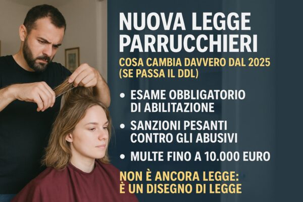 Parrucchiere abusivo che taglia i capelli a una cliente in casa, con sovraimpressione delle nuove regole del DDL 2025: esame obbligatorio, sanzioni contro gli abusivi e multe fino a 10.000 euro.