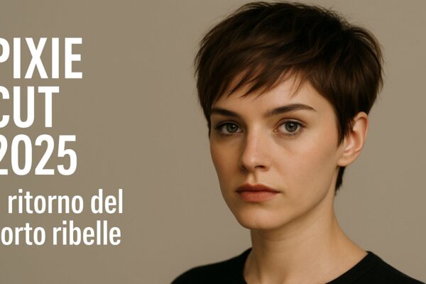 Modella giovane con Pixie Cut corto ribelle 2025, capelli castano scuro, sguardo deciso su fondo beige con scritta editoriale.