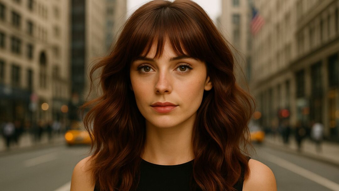 Modella fashion con capelli color castano ramato Cherry Cola, mossi e voluminosi, ambientata su una strada di New York. Look elegante con top nero, immagine in formato orizzontale perfetta come copertina di articolo moda capelli.