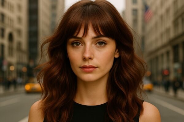 Modella fashion con capelli color castano ramato Cherry Cola, mossi e voluminosi, ambientata su una strada di New York. Look elegante con top nero, immagine in formato orizzontale perfetta come copertina di articolo moda capelli.