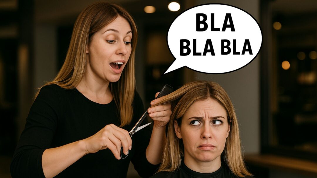 Parrucchiera che parla senza sosta mentre taglia i capelli, con fumetto “BLA BLA BLA”, e cliente infastidita.