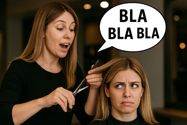 Parrucchiera che parla senza sosta mentre taglia i capelli, con fumetto “BLA BLA BLA”, e cliente infastidita.