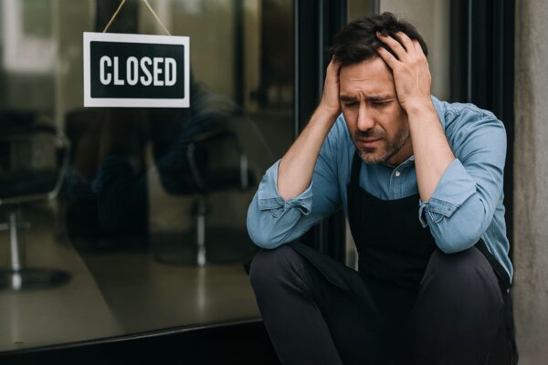 Parrucchiere seduto sconsolato davanti al suo salone chiuso con cartello "Closed" sulla vetrina.
