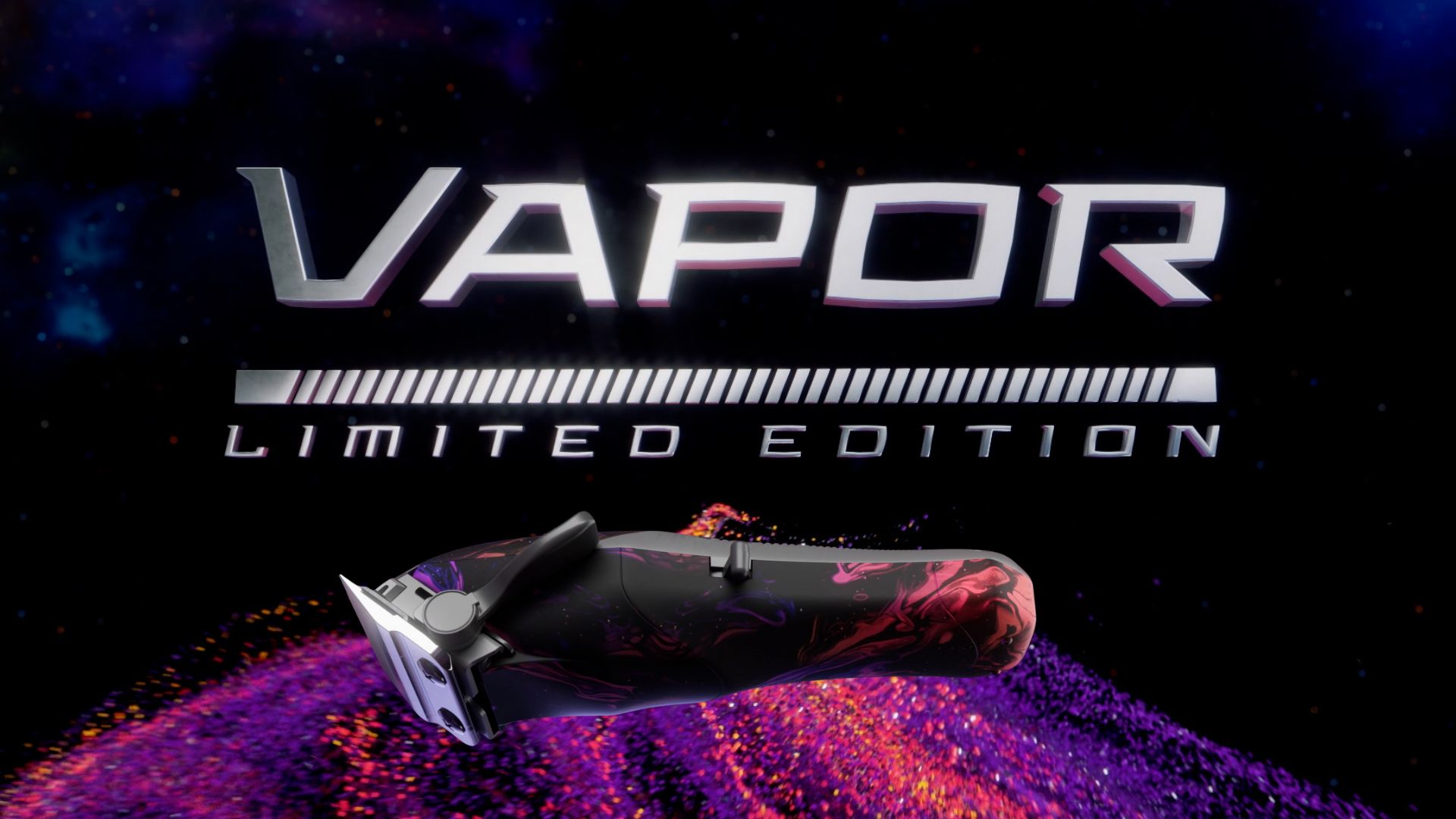 Tagliacapelli professionale WAHL Vapor™ Limited Edition con design idrodipinto nero e rosso, presentato su sfondo cosmico.