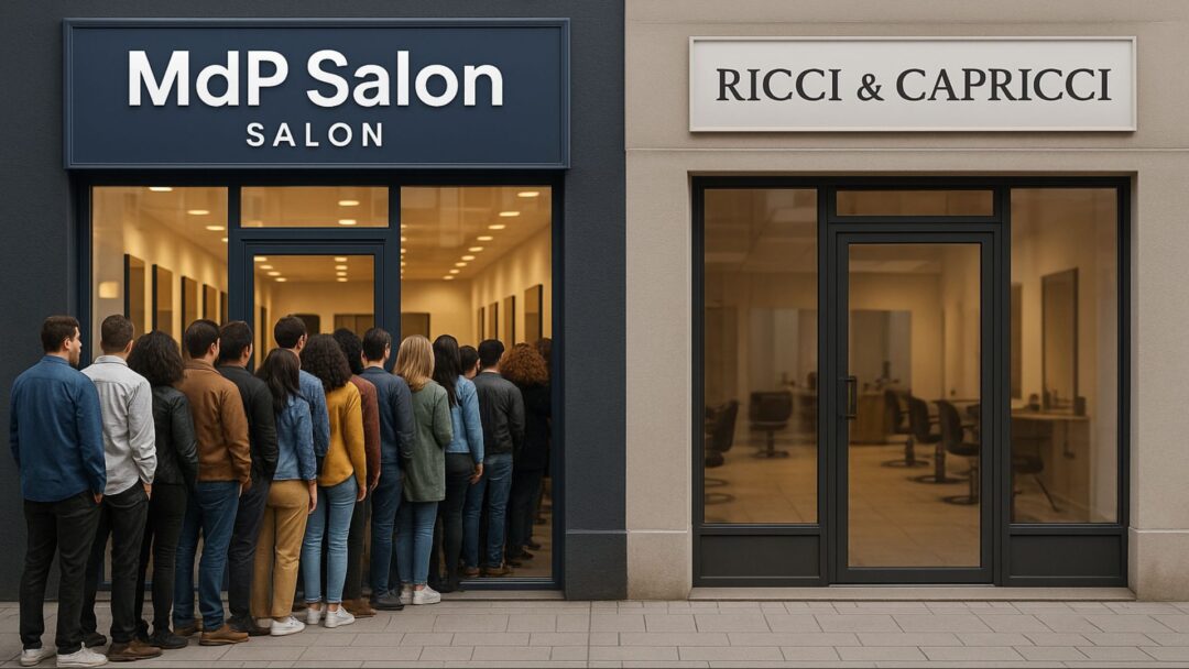 Due saloni affiancati: a sinistra “MdP Salon” con fila di clienti fuori, a destra “Ricci & Capricci” vuoto senza clienti.