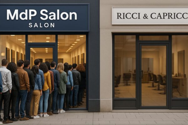 Due saloni affiancati: a sinistra “MdP Salon” con fila di clienti fuori, a destra “Ricci & Capricci” vuoto senza clienti.