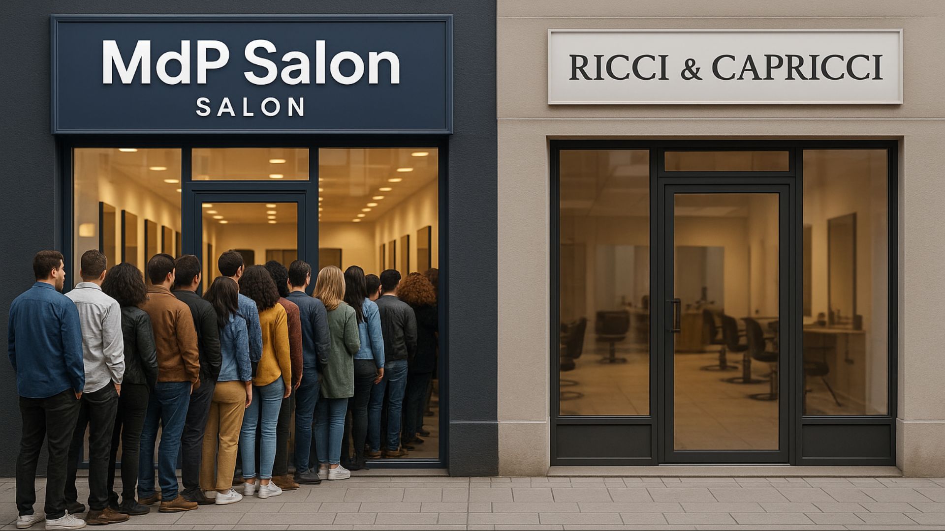 Due saloni affiancati: a sinistra “MdP Salon” con fila di clienti fuori, a destra “Ricci & Capricci” vuoto senza clienti.