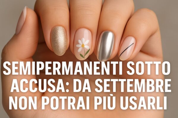Primo piano di una mano femminile con nail art diversa su ogni unghia: glitter oro, fiore bianco, effetto chrome e linea geometrica, con scritta provocatoria al centro “Semipermanenti sotto accusa: da settembre non potrai più usarli”.
