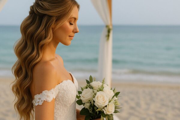 Sposa in spiaggia con capelli a onde morbide half-up, abito in pizzo e bouquet di rose bianche, ritratta davanti al mare.