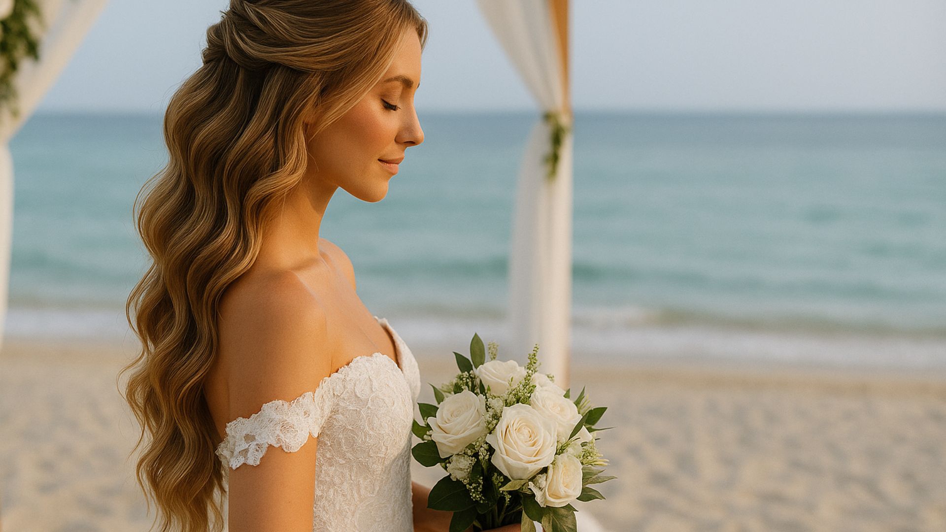Sposa in spiaggia con capelli a onde morbide half-up, abito in pizzo e bouquet di rose bianche, ritratta davanti al mare.