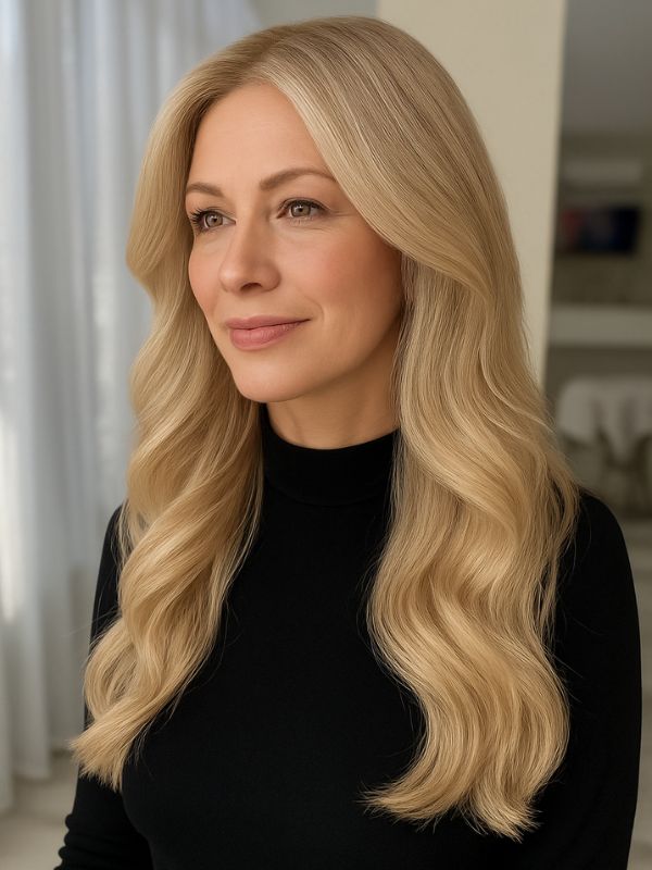 Ritratto realistico di una donna elegante over 40 con capelli lunghi e mossi color biondo champagne, vestita in modo sobrio, in un ambiente luminoso moderno.
