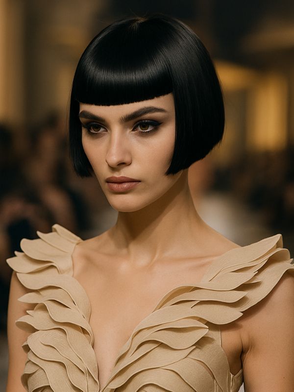 Modella con frangia grafica netta e taglio corto geometrico sfila su una passerella di moda, indossando un abito beige strutturato.