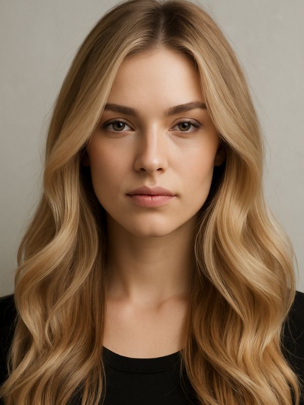 “Modella in studio con capelli biondo sabbia beige ondulati, styling morbido, top nero e sfondo neutro, tendenza capelli autunno 2025.”