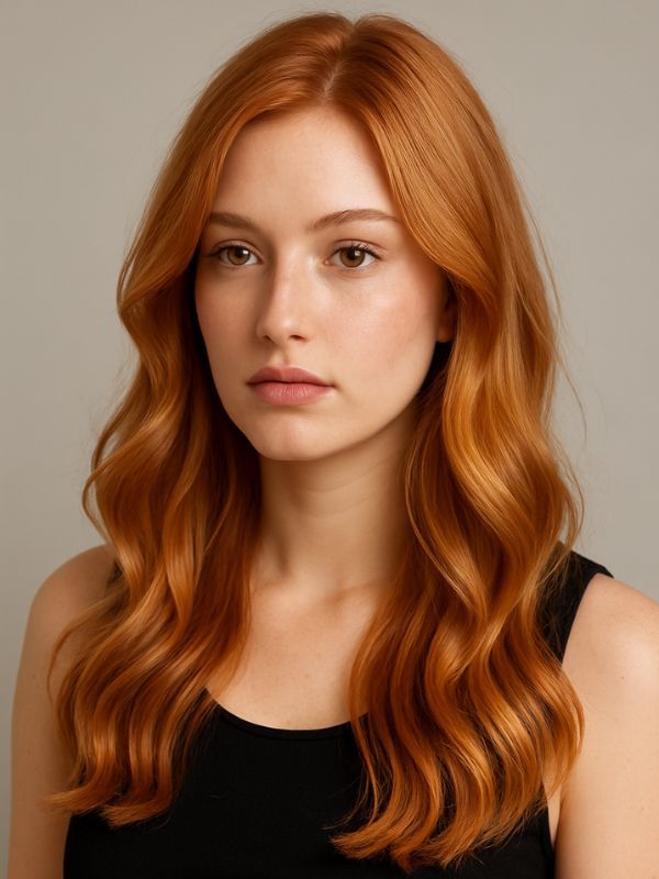 “Modella in studio con capelli rame speziato mossi, luce naturale, top nero, sfondo neutro, autunno 2025.”