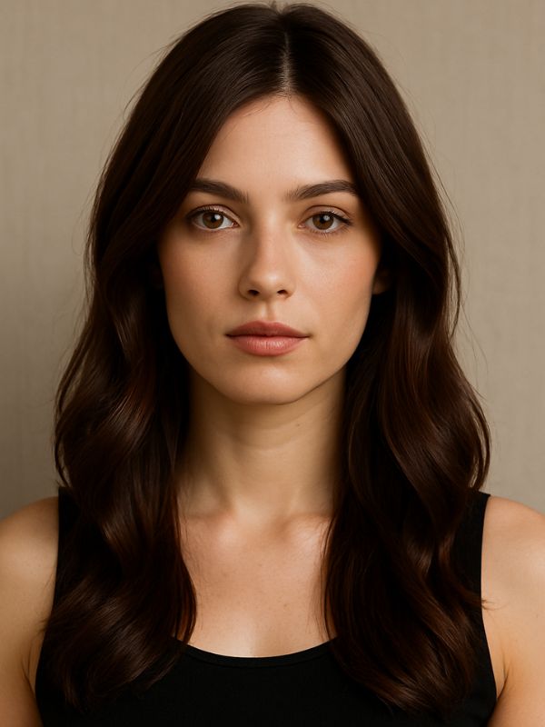 “Primo piano di modella con capelli castano cioccolato lucidi e onde morbide, sguardo in camera, sfondo caldo neutro.”