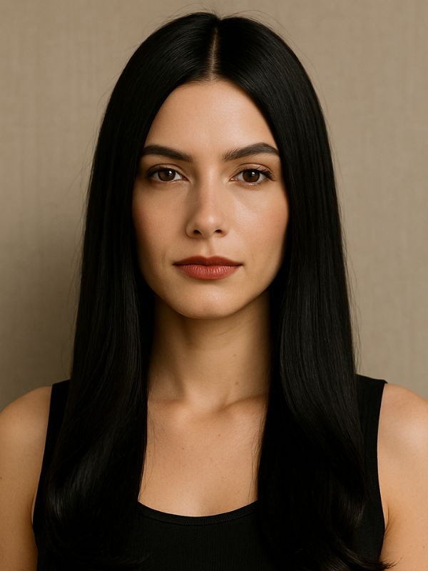 “Modella con capelli nero vinile lisci e lucidi, riga centrale, top nero, sfondo neutro in studio, look grafico 2025.”