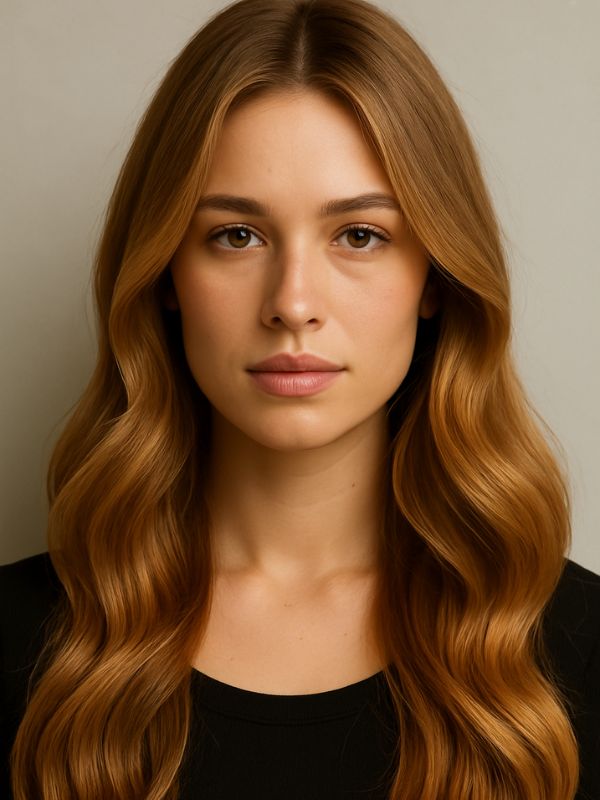 “Modella in studio con capelli lunghi color caramello caldo ondulati, styling mosso naturale, top nero, sfondo neutro, tendenza capelli autunno 2025.”