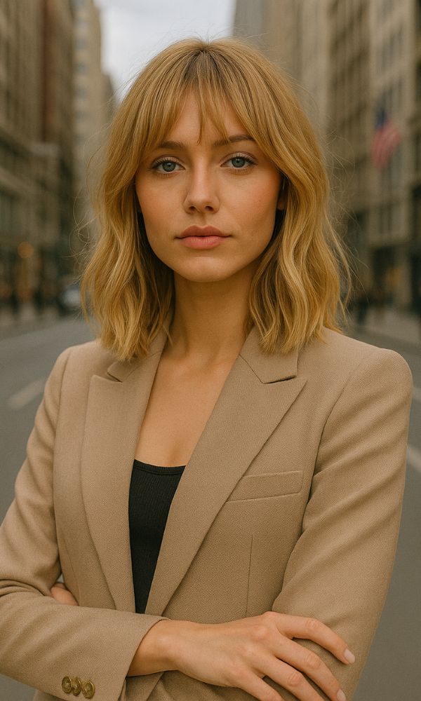 Modella bionda con frangia morbida Torn Bangs, capelli a onde naturali, look elegante con blazer beige. Ambientazione urbana a New York.