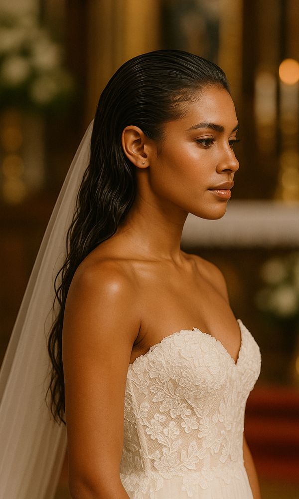 Sposa con pelle mulatta e capelli Wet look ultra-glam, in abito da sposa in pizzo, ritratta di profilo all’altare di una chiesa.
