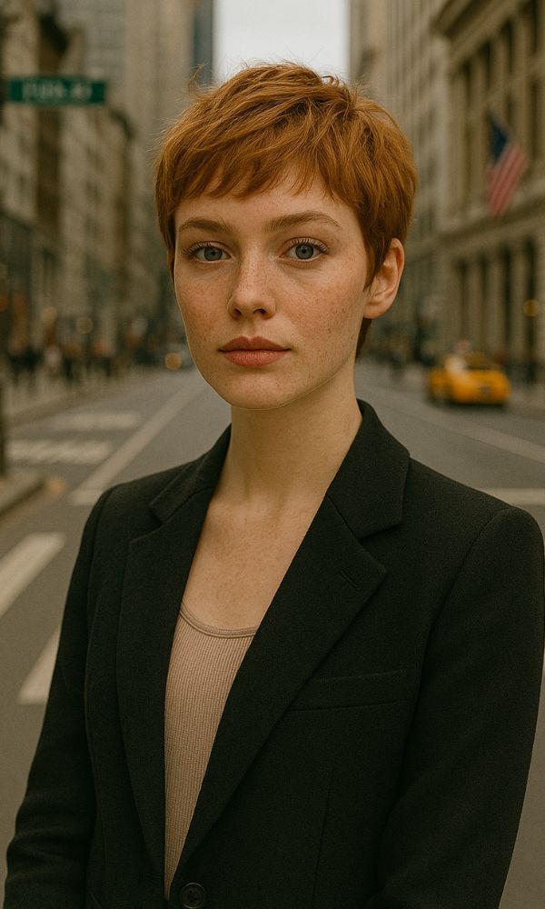 Modella con capelli corti Whimsy Pixie rosso rame, lentiggini e look naturale. Indossa un blazer scuro, ambientazione su strada a New York.