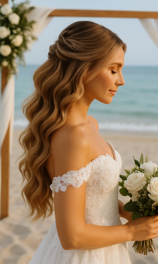 Sposa su spiaggia al tramonto con capelli lunghi a onde morbide in acconciatura half-up, abito in pizzo e bouquet di rose bianche.