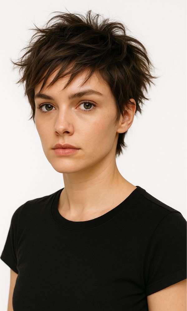 Modella con Pixie Cut destrutturato 2025, capelli castano scuro spettinati con texture, scatto in studio fondo bianco.