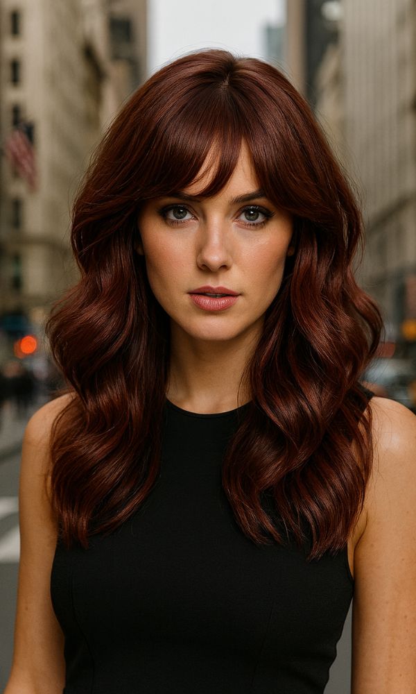 Modella fashion con capelli lunghi color Cherry Cola, un rosso castano ricco e multidimensionale. Capelli ondulati, outfit nero elegante, sfondo strada newyorkese.