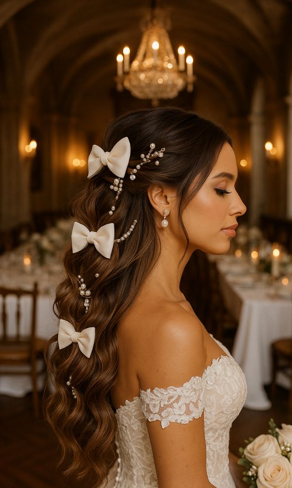 Sposa al ricevimento in un castello con capelli ondulati decorati da fiocchi bianchi, perle e clip gioiello, abito in pizzo e bouquet di rose.
