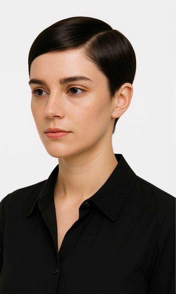 Donna con Pixie Cut sleek liscio 2025, capelli castano scuro ordinati, posa elegante in studio fondo bianco.