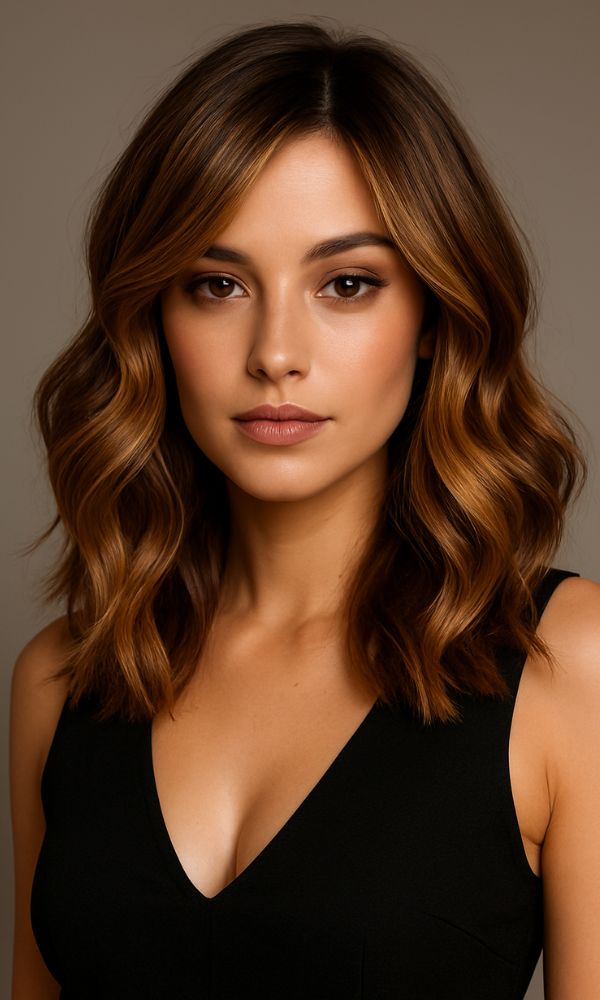 Modella con capelli Bronde miele e Mocha Bronde, mix luminoso tra biondo e castano. Capelli a onde morbide, abito nero scollato, ambientazione in studio.
