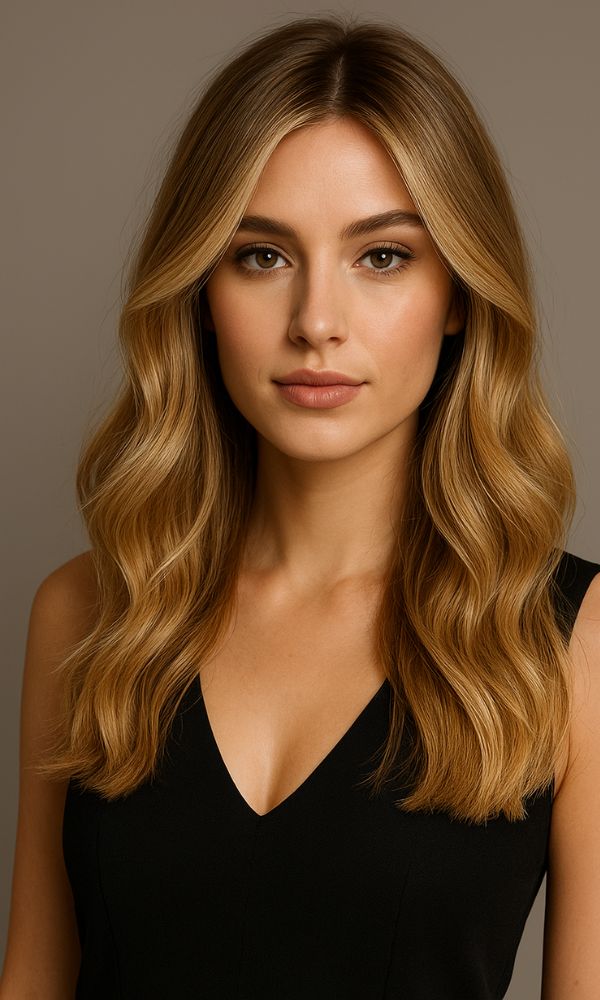 Modella fashion con capelli Raffia Blonde, biondo sofisticato e intrecciato con sfumature multi-tonali. Capelli ondulati a onde morbide, look elegante in studio con abito nero minimal.