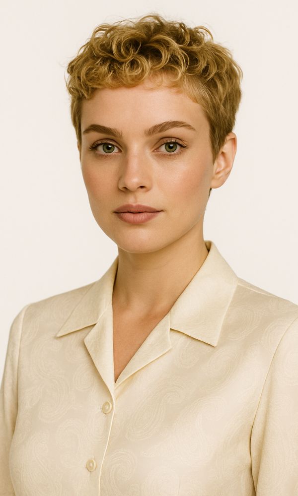 Donna con Pixie Cut riccio biondo 2025, camicia floreale stile Dolce & Gabbana, scatto in studio elegante.