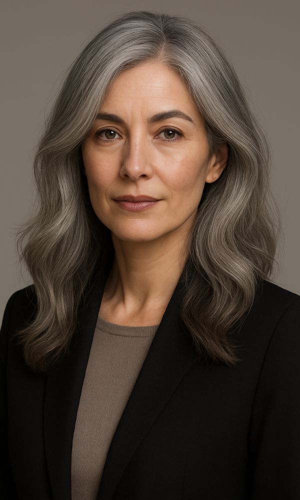 Modella con capelli grigi naturali, valorizzati da sfumature chic e luminose. Capelli ondulati a lunghezza media, look elegante con blazer nero e top beige, ambientazione in studio.