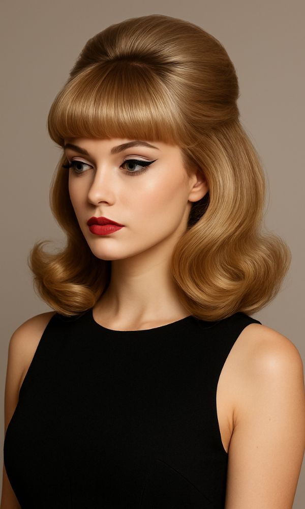 Modella fashion con acconciatura ispirata agli anni ’50 e ’60: frangia bombata e onde tonde voluminose reinterpretate in chiave moderna. Capelli biondi lucidi, trucco elegante con eyeliner e rossetto rosso, abito nero minimal. Ambientazione in studio, look sofisticato e senza tempo.
