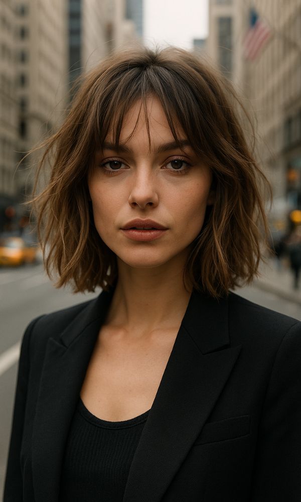 Modella fashion con taglio Boho Lob spettinato e leggero, capelli castani mossi con frangia leggera. Look elegante in strada a New York, outfit nero con blazer.