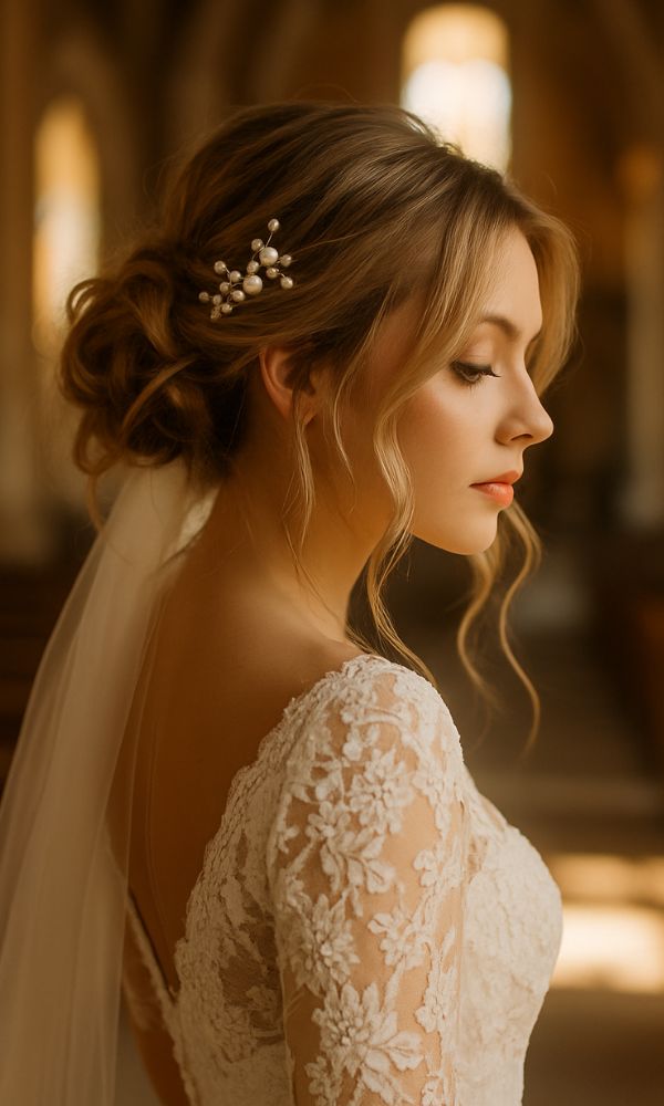 Sposa con chignon spettinato e ciocche libere, velo e abito in pizzo bianco, ripresa di profilo all’interno di una chiesa.