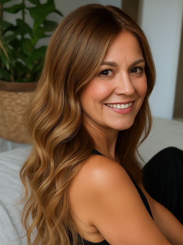 Ritratto di una donna over 40 con capelli lunghi biondo champagne ondulati, sorriso naturale e look curato, seduta su un divano in ambiente luminoso e moderno.