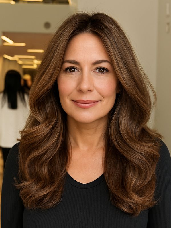 Donna over 40 con capelli castano freddo lunghi e mossi, in un ambiente da salone moderno, con espressione serena e look curato.