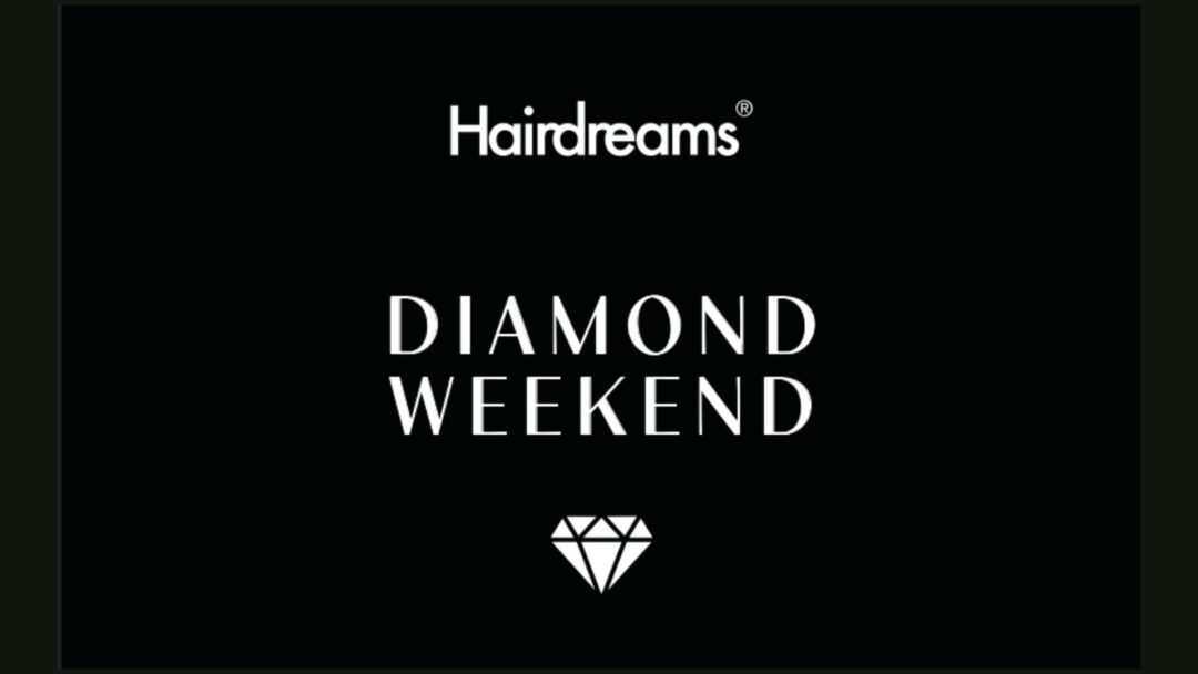 Logo Hairdreams con scritta Diamond Weekend e simbolo di diamante bianco su sfondo nero.
