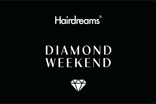 Logo Hairdreams con scritta Diamond Weekend e simbolo di diamante bianco su sfondo nero.