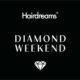 Logo Hairdreams con scritta Diamond Weekend e simbolo di diamante bianco su sfondo nero.