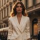 Modella elegante a Milano con capelli Caramel Glaze castano caldo con riflessi dorati, indossa un tailleur bianco stile Armani.