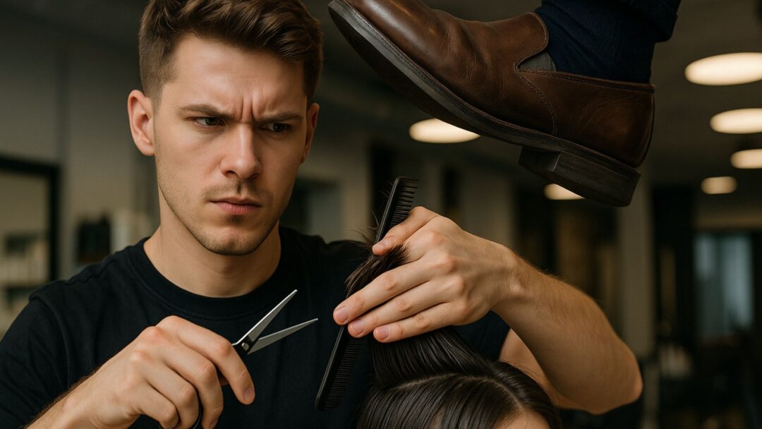 Giovane hairstylist serio al lavoro in salone con un piede che lo schiaccia simbolicamente sulla testa.