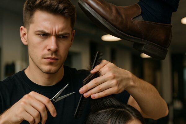 Giovane hairstylist serio al lavoro in salone con un piede che lo schiaccia simbolicamente sulla testa.