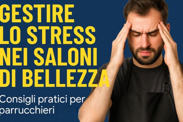 Parrucchiere stanco in salone con forbici e phon sullo sfondo, concetto di stress e burnout nel settore beauty.